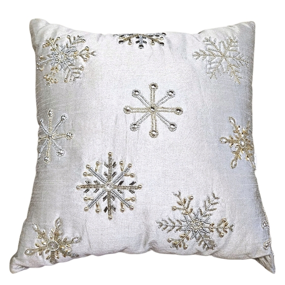 Silky Snowflake Throw Pillow Silver Gold Beaded 16"x16" Made In India Holiday - Picture 5 of 11